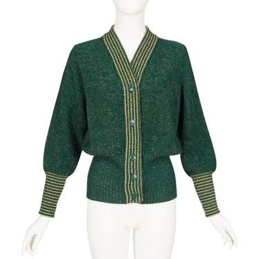 Yves Saint Laurent 1970s Vintage Gold Lurex & Green Wool Knit Cardigan Sz M 