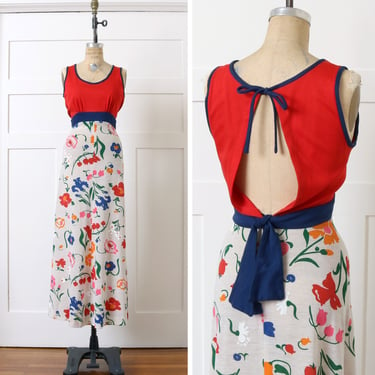 vintage 1970s sundress • long maxi dress in 50/50 t-shirt fabric with open back and floral print 