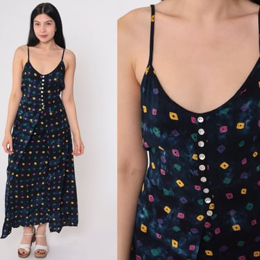 Boho Sundress Y2K Button up Midi Dress Dark Blue Tie Dye Geometric Print Dress Sleeveless Spaghetti Strap Summer Hippie Vintage 00s Small 