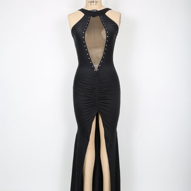 Black Long Maxi Dress with Front Split and Sheer Mesh Back with Rhinestone Maxi Dress Sexy Party Dress Evening Dress Formal Dress Sexy Dress 