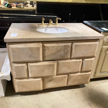 Single Freestanding Bathroom Vanity with Stone Top and Geometric Base