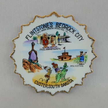 Vintage 1970 Flintstone's Bedrock City Souvenir Plate - Custer South Dakota - Small Colorful Collectible Plate - Gold Trim - 6 1/8" diameter 