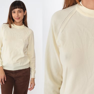 70s Sweater Cream Knit Sweater Raglan Sleeve Pullover Jumper Plain 1970s Hipster Crewneck Vintage Small Medium 
