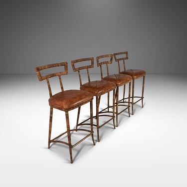 Set of Four (4) Mid Century Modern Substantial Campaign Bar Height Bar Stools Attributed to Maitland-Smith, c. 1980's 