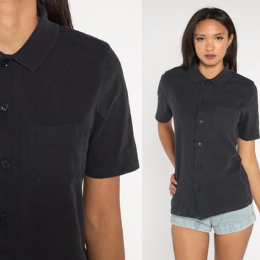 Black Button Up Blouse 90s Short Sleeve Shirt Classic Simple Top Collared Plain Retro Vintage 1990s Cotton Shirt Medium 