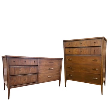 Free Shipping Within Continental US - Vintage Mid Century Modern Walnut Wood Dresser Set by Broyhill with Starburst Motif 