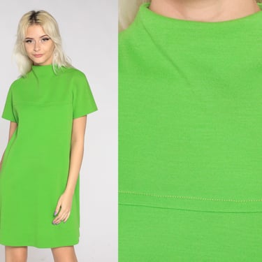 60s Mod Mini Dress Lime Green Wool Dress Mock Neck Shift 1960s Go Go Space Age Vintage Sixties Twiggy Gogo MiniDress Short Sleeve Small s 
