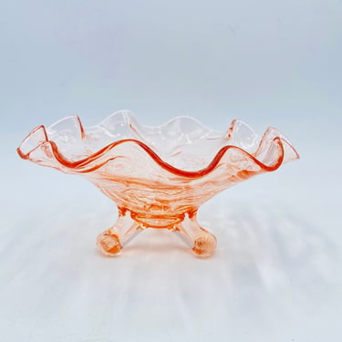 Vintage Pink Glass Candy Dish, Three Legs, Leaves & Cherries Pattern, Ruffled Edge, Depression Glassware, Molded Glass, Mid Century Glass 