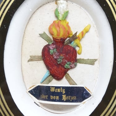 Antique German Sacred Heart of Jesus Icon, Vintage Nun's Work Religious Shrine, Wenig Ober Von Herzen 