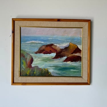 1980's Vintage Modernist Coastal Seascape Landscape Oil Painting, Framed 
