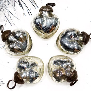 VINTAGE: 5pc Small Mercury Glass Heart Ornaments - Silver Heart Pendants - Kugel Style Christmas Ornaments - SKU os-176-00032486 
