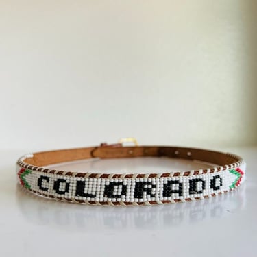 Vintage 90s Handcrafted Glass Beaded Colorado Genuine Leather Silver Buckle Belt - Small 