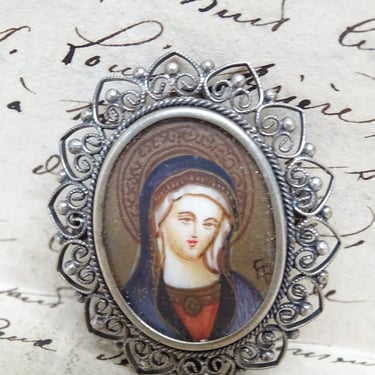 Antique Hand Painted Miniature Portrait of Saint Mary in Silver Filigree Pin,  Artist Signed, Vintage Madonna Painting Religious Art 