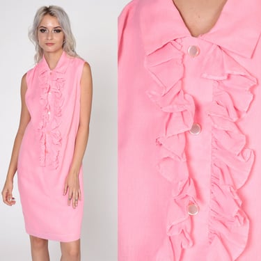 1960s Mod Dress Bubblegum Pink Tuxedo Dress Shift Mini Dress 60s Shirtdress Ruffle Vintage Sleeveless Twiggy Dolly Button Up Collar Small S 