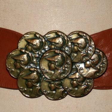 Vintage Cognac Brown Soft Leather Belt for Women, Adjustable Cinch Belt with Unique Roman Soldier Medallion Buckle 