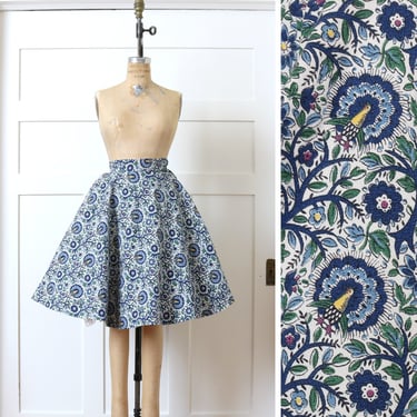 vintage 1950s peacock trees flowers novelty print skirt • full cut fit & flare cotton barkcloth skirt 