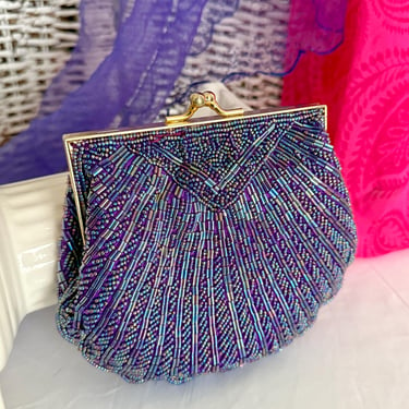 Glam Beaded Clutch, Scallop Shape, Purple Iridescent, Cocktail Purse, Optional Crossbody Strap, Vintage 90s 