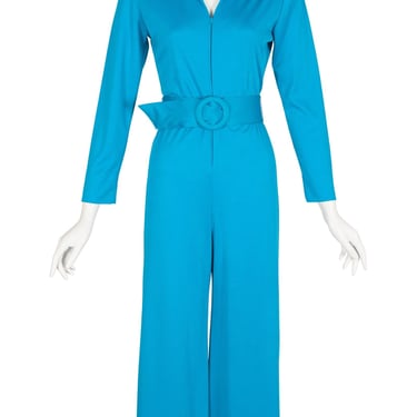 Lanvin 1970s Vintage Cerulean Blue Jersey Belted Long Sleeve Jumpsuit 