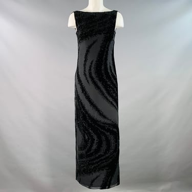 LAFAYETTE 148 Size 2P Black Rayon Silk Beaded Burnout Sleeveless Long Cocktail Dress