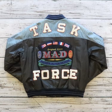 Vintage 80s Eddy Sports Task Force Leather Varsity Bomber Jacket