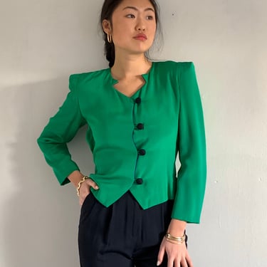 80s Carolina Herrera silk blazer / vintage Herrera couture angular structured vivid green cropped nipped waist strong shoulder blazer XS 2 4 