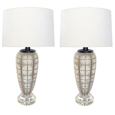 Pair of 1960s Frosted Torpedo-form Lamps with Applied Decoration