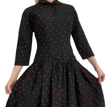 50s/60s Polka Dot Black Dress Red Dots 34 26 S Party