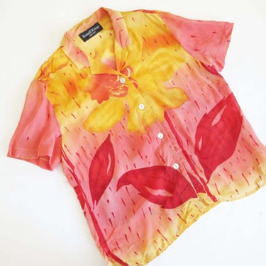 Vintage 2000s Y2K Flower Print Semi Sheer Shirt M L  - Pink Yellow Short Sleeve Button Up Collared Top 