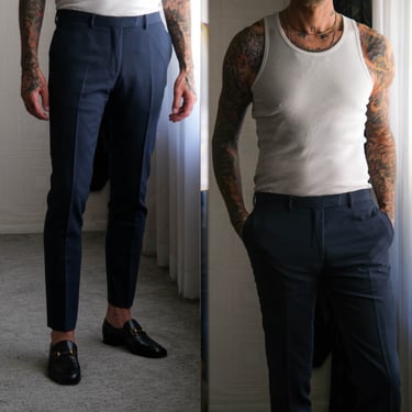 SANDRO PARIS Yale Blue Birdseye Wool Gabardine Slim Fit Slacks | 100% Wool Gabardine | Size 34x33 | French Designer Tailored Mens Wool Pants 