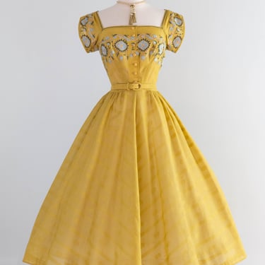 Iconic 1950’s Tina Leser Saffron Embroidered Cotton Dress / S