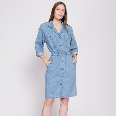 Sm-Med 80s Denim Snap Front Mini Dress | Vintage Ideas Epaulette 3/4 Sleeve Fitted Jean Shirtdress 