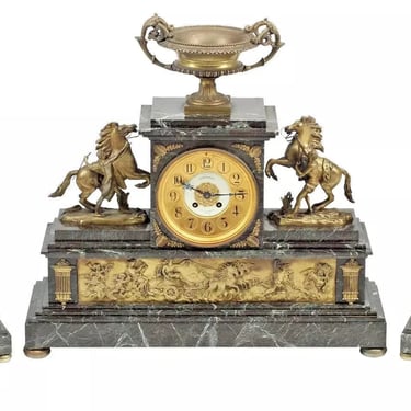 Antique Clock & Garnitures, French Napoleon III, Marble, Mantel, S. of 3, 1800s