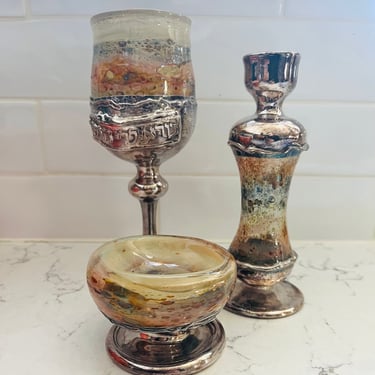 King David 925 Sterling Silver and Marbled Glass Cup, Candleholder, and Wine Glass Tableware by LeChalet