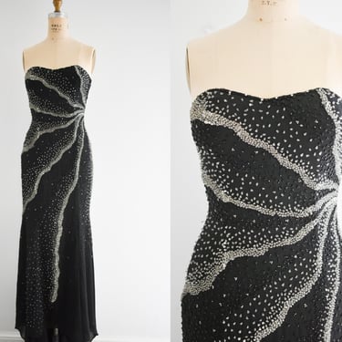 1980s/90s Black Beaded Strapless Evening Gown 