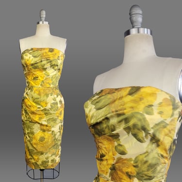 1950s Cocktail Dress / Bombshell Dress / 1950s Strapless Dress / 1950s Floral Silk Dress / Yellow Rose Print / Size Extra Small 