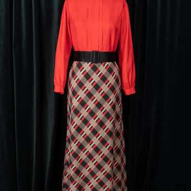 1970s Stretchy Diagonal Plaid Maxi Skirt with Elastic Waist 