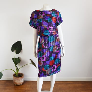 1980s Floral Silky Pullover Dress - S 