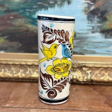 Free shipping within continental US - Handpainted Antique Style Vase with Blue & Yellow Birds and Flower Motif Signed Mexico on the bottom 