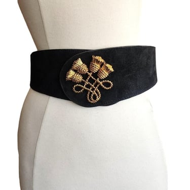 Vintage 80s Black Suede Belt Gold Tassel Embellishment Anne Klein II 