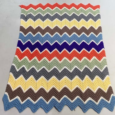 Vintage Rainbow Chevron Blanket Retro Throw Crochet Afghan Cottage 1970s Zig Zag Colorful Color Handmade Kitschy Granny Grannycore 