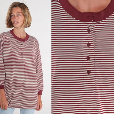 Striped Henley Shirt 90s Long Sleeve T-Shirt Burgundy White Ringer Tee Half Button up Lounge Pajama Simple Basic Top Vintage 1990s 3xl 20w 
