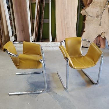 Mid Century Modern Mustard Yellow Tubular Cantilevered Sling Chair