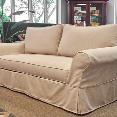 Pottery Barn Comfort Modern Roll Arm Bench Seat Slipcovered Sofa in Oatmeal