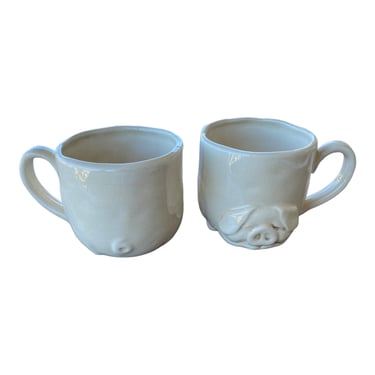 Artisan Made Studio Pottery Mugs with Molded and Formed ‘Porky’ Pig Details, Design After Fitz and Floyd 