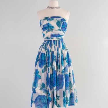 Dreamy 1950's Silk Chiffon Blue Floral Print Party Dress From The Elizabeth Arden Boutique / XS