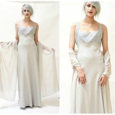 Vintage Silk Evening Gown Size Medium Grey SIlver// Vintage Beaded Evening Gown Silk Wedding Dress Bias Cut Silk By Antonio Gaul 