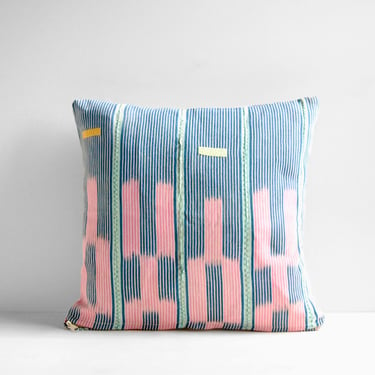 Vintage Indigo Throw Pillow Cover with Insert, Blue and Pink Striped Baule African Textile Pillow 