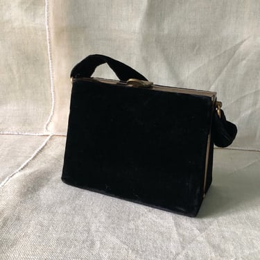 60s black velvet structured handbag / small black velvet evening purse / small top handle velvet + brass handbag 