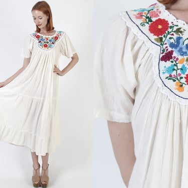 Cream Cotton Mexican Gauze Dress Vintage Beach Cover Up Summer Vacation Embroidered Sundress 