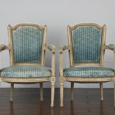 Antique French Louis XVI Provincial Blue Velvet Painted Armchairs - A Pair 
